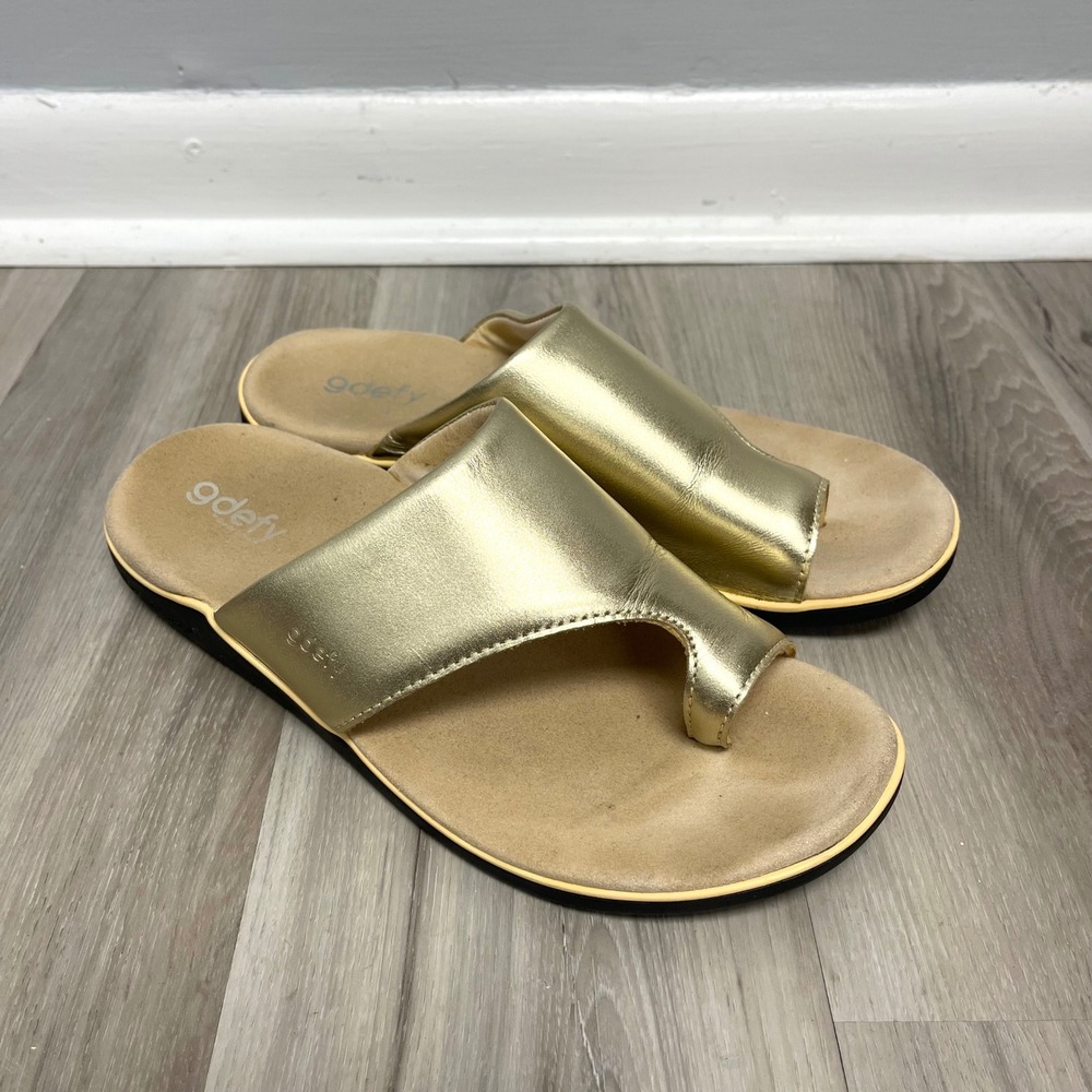 Gdefy Gravity Defyer Sandals Women's 11 Gold Metallic Leather VersoShock Tech